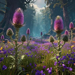 forest of giant thistles and violets, colorful, vibrant, sci - fi concept art, in the style of no man's sky