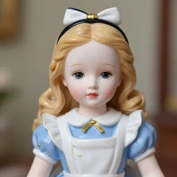 alice in wonderland. porcelain doll. fragile. pastels. alabaster skin. realistic, skin - like matte finish. french doll. bisque. gold paint accents. photorealistic
