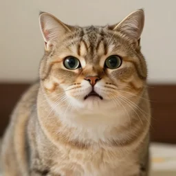funny meme image of a ultra fat cat looking scared at the camera