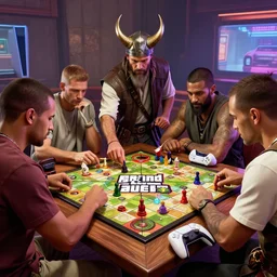 viking warriors playing a boardgame, grand theft auto 5, playstation 5, volumetric lighting, raytracing