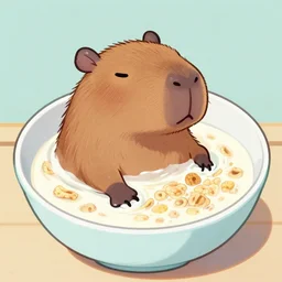 capybara drowning in a bowl of milk and cereal