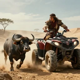 solo ancient indian on atv, buffalo chase ,attacking, action scene, an epic fantasy, dramatic lighting, cinematic, establishing shot, extremely high detail, photorealistic, cinematic lighting, artstation, octane render, by simon stalenhag, horizon forbidden west and mad max, woodpunk