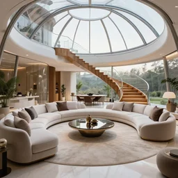A futuristic living room in a glass dome with curved wooden stairs going upstairs in the back of the living room, a big luxurious U-shape sofa and a luxurious table in the center of the living room, professional interior design photograph, wide angle photograph, 8k resolution, hyper detailed