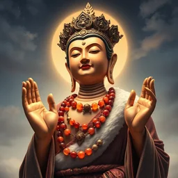 beautiful half - bodied portrait depicted buddha, clothed with an glass canelian agate beads, dongson bronze artifacts, leather, elegant and rich cloth made of fur and leather. he wears on head a helmet made of bronze, hands raised, looking toward sky, matte illustration, energetic mood, golden ratio composition, dynamic lighting, poster, volumetric lighting, 4 k