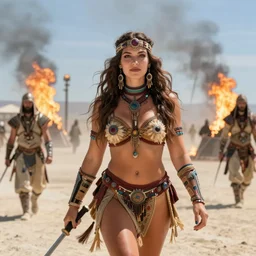 hyper realistic photography of burningman pagan medieval festival warrior curvy partygirl cinematic, vallejo, julie bell, craig mullins greg rutkowski,