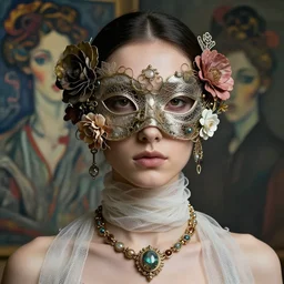 a futuristic portrait covered by mask made of wires plastic flowers, necklace made by gauzes twisted around neck, design by leonardo davinci, inspired by egon schiele, modern art, baroque art jewelry, new classic, fashion design, photorealistic, hyper realistic, gothic details, cinematic composition, cinematic lighting, fashion design, concept art, 8 k