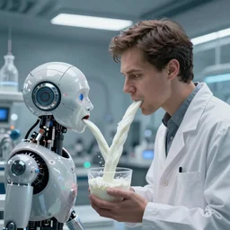 a scientist in his futuristic lab. from his mouth is flowing a river of milk which is entering the mouth of an android. realistic. 3 5 mm. hdr. 8 k