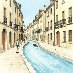 water flowing through the streets in old city, sideview, drawing by moebius