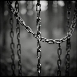 chains on trees, mystic, melancholy, pinhole analogue photo quality, lomography, blur, unfocus, cinematic, foil effect, holographic effect, monochrome