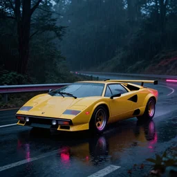 lamborghini countach, rainy dark highway, neon lights, synthwave, blade runner