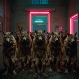 werewolfs, film still from the movie directed by wes anderson with art direction by zdzisław beksinski, wide lens, neon lights,