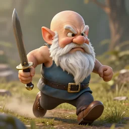 bald gnome big white beard, dagger, bomb, running, field, angry, hyper realism, cinematic, volumetric lighting, high detail, octane render, depth of field, dnd, extremely detailed, very sharp, in the style of greg rutkowski