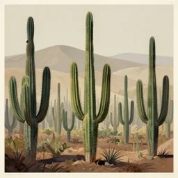 print of the cactus forest, high hills, ground level shot, dof, limited neutral palette, by pascal campion, petros afshar, anton fadeev, dean ellis, randolph stanley hewton, beautiful graphic, propaganda poster art 1 9 7 0 s illustrated advertising art, painterly design
