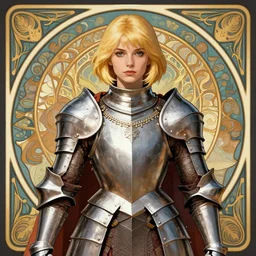 young paladin woman, short blonde hair, plate chest armour, symmetrical portrait RPG avatar, by Mucha, intricate, 8k,