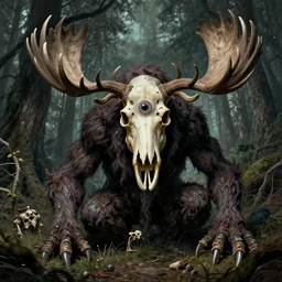 hyperdetailed art nouveau portrait of treebeard as a cthulhu eyeball moose skull wendigo cryptid monster, by geof darrow, simon bisley and bill sienkiewicz, grim yet sparkling atmosphere, photorealism, claws, skeleton, antlers, fangs, forest, wild, crazy, horror, lynn varley, lovern kindzierski, steve oliff