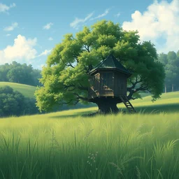 treehouse in a grass field by kazuo oga