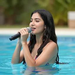 clear photo of a beautifu and youngl female native american singer with long dark hair in a pool taken in 1 9 7 6, black and white photography, high quality, 7 0 s style photography, pool