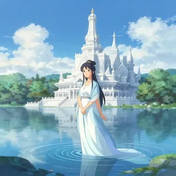 a beautiful lake with a towering white marble temple to the water goddess, anime, a fantasy digital painting by makoto shinkai, trending on artstation, highly detailed