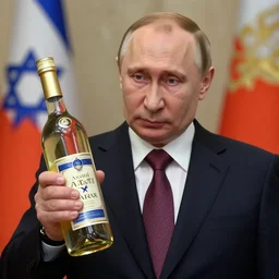 putin holding a bottle of israeli arak, cinematic, beautiful digital painting, hyper detailed