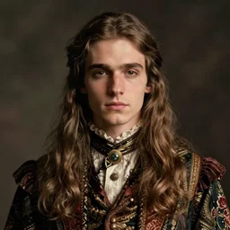 High resolution 1930s portrait of a young anorexic man with very long hair and extravagant clothes