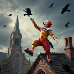 A clown on the roof of the church playing with crows, futurist, digital art, dramatic lighting, symbolic