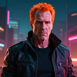 a cyberpunk christopher walken with orange hair, bright neon colors, hyper detailed, digital art, cinematic lighting, concept art by artgerm and moebius and alberto seveso