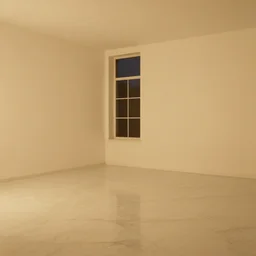 cream - colored studio, vanilla - colored lighting, soft golden light, marble studio, marble floor, yellow lighting, bare room, empty room, studio room, art room, window to night time, night time, warm lighting inside, art by artgerm