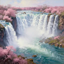 the most beautiful panoramic landscape, oil painting, where a giant dreamy waterfall creates a river, the trees around are starting to bloom in pink color, by greg rutkowski