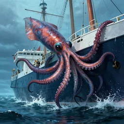 a giant squid attacking a ship, its tentacles wrapping around the ship, tentacles coming out of the water, the squids head peaking out of the water, trending on artstation, highly detailed, dramatic lighting