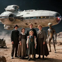 8k film still from a sci fi blockbuster color movie made in 2022, set in 1860, of a family standing in front of a spaceship that has just landed on an alien planet, a humanoid alien creature stands nearby, the family are all wearing 1850s era clothes, cinematic lighting, cinematic camera, in focus, extremely good lighting, good photography, oscar winner