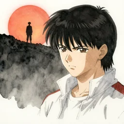 tetsuo from akira, silhouetted by a dead sun, detailed elaborate watercolor and ink illustration | anime, matte painting, dystopian megacity neo - tokyo, akira, shaded perfect, fine details. realistic shaded lighting anime manga artwork by katsuhiro otomo, artgerm, jeremy lipkin and michael garmash and rob rey