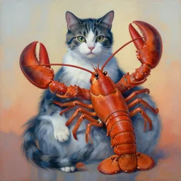 painting of hybrid between cat & lobster, intercrossed animal, mixture animal, by zdzislaw beksinski, by tiffany bozic, by chris buzelli, cold hue's, warm tone gradient background, concept art, beautiful composition, digital painting