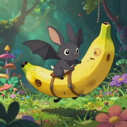 a post apocalyptic 8 0's robotic flying banana ridden by a cute bunny bat, covered by nature hippy psychedelic vibes by studio ghibli, cartoon network, animation, sharp, rendered in unreal engine 5, focused, anime key art by greg rutkowski, bloom, dramatic lighting