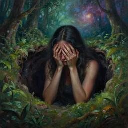 highly detailed surrealist painting of deep sadness a deep endless hole inside, expressive emotional piece, trending on art station, emotional expression, lost in the jungle galactic cosmic nebula