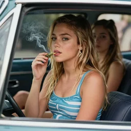 portrait of 2 0 years old miley cyrus in swimsuit smoking weed in a car, intricate, hyperdetailed, photorealistic, diffuse lighting, hdrp, artstation, unreal 5, smooth, textless, sharp focus, art by john collier, albert aublet, krenz cushart, artem demura, alphonse mucha