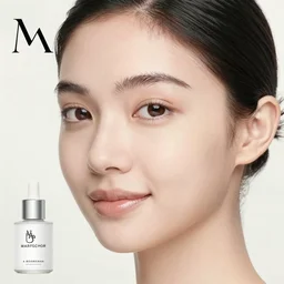 cover photo of Margaret Zhang for skin care brand, beautiful face, faint red lips, slicked back hair, fashion photoshoot, real-life skin, skin care, light makeup