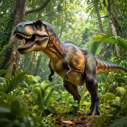 giant tyrannosaurus rex walking through a tropical forest