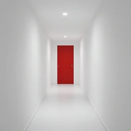 an all white hotel hallways with a red door at the end, liminal space,