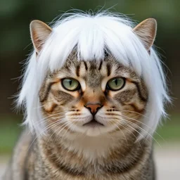 cat with a wig, portait, highly detailed, outdoor photography