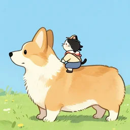 tiny cat girl in tiny hat riding on the back of a giant corgi by greg rutkowski
