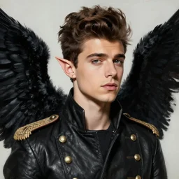 head and shoulders portrait painting of young man who looks like zayn malik as an elf with black angel wings by jeremy mann wearing leather napoleonic military style jacket