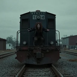 the disembodied spirit of a dangerous railroad demon, Boxcar on the railroad, atmospheric and depressed, Cinematic, 35mm, film still from a horror movie