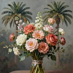 still life painting of a beautiful bouquet of flowers by pieter claesz, palm trees in the background, oil on canvas, strong lighting, highly detailed, hyper realism, golden hour, god rays, hd, 4 k