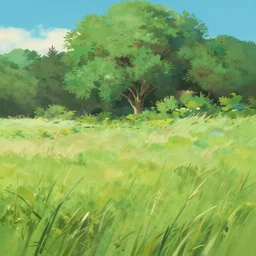 a painting of a field with trees in the background, a matte painting by makoto shinkai, studio ghibli, featured on pixiv, plein air, speedpainting, painterly, matte drawing