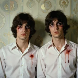 two beautiful but sinister young men wearing oxford shirts in layers of fear, with haunted eyes and dark hair, 1 9 7 0 s, seventies, wallpaper, a lot of blood, moonlight showing injuries, delicate embellishments, painterly, offset printing technique, by brom, robert henri, walter popp