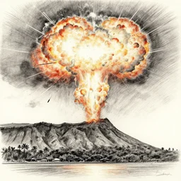 professional pencil sketch of Diamond Head in Waikiki exploding