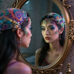 artificial intelligence looking in a mirror, dramatic lighting, intricate details, vivid colors