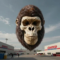 an enormous ape skull floating in the centre of a costco, surrealism, liminal, by tyler edlin and jean delville
