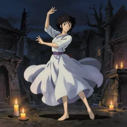 a full body portrait of a dancer, night lighting with candles delicate features finely detailed perfect art, at an ancient city, gapmoe yandere grimdark, trending on pixiv fanbox, painted by greg rutkowski makoto shinkai takashi takeuchi studio ghibli