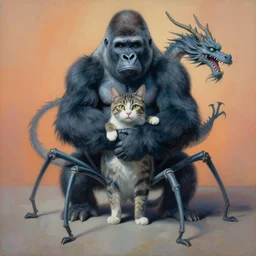 painting of hybrid between cat & gorilla & dragon, intercrossed animal, cat has eight legs, by zdzislaw beksinski, by lewis jones, by mattias adolfsson, cold hue's, warm tone gradient background, concept art, beautiful composition, digital painting
